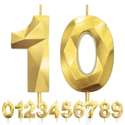 Image of 10th Birthday Candles, Number 10 Candle, Gold Candles for Cake, Diamond 3D Happy Cake Candle Decorations Party Wedding Anniversary Celebration Supplies