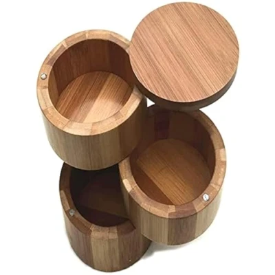 Image of feedal Round Bamboo Jar, Salt and Spices Storage Container, with Magnetic Swivel Lid 7x9cm (3 Tier)