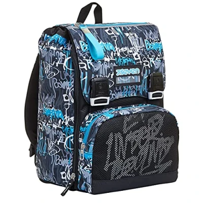 Image of Seven Foldable Backpack, Handwritten, Turquoise, Double Compartment, School and Travel