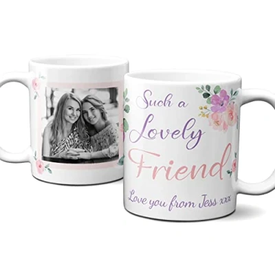 Image of Thoughtful Gifts Lovely Floral Personalised Friend Mug,Personalised Photo Mug for Friend,Personalised Cup Gift Present Birthday,Christmas