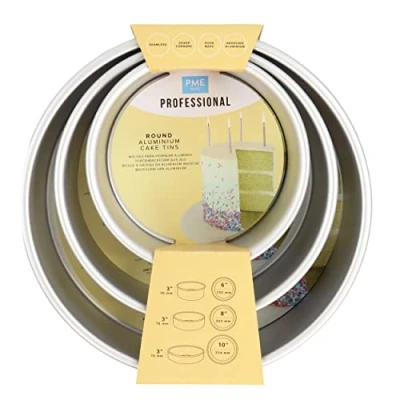 Image of PME Round Cake Pans 6, 8, 10 Inch x 3 Deep, Set of 3, Silver, RNDB68103
