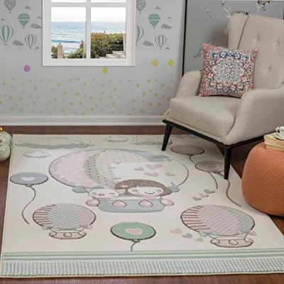 Image of Livabliss Hot Air Balloon Kids Rug Childrens for Bedroom 160x213 cm, Carpet Girls &amp; Boys Rug, Playroom and Nursery Rugs Baby Girl or Boy Room, Beige Pink