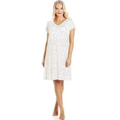 Image of Camille Womens Short Sleeved Nightdress Ladies Knee Length Nighties Comfortable &amp; Breathable Summer Nightwear 10 12 Fern