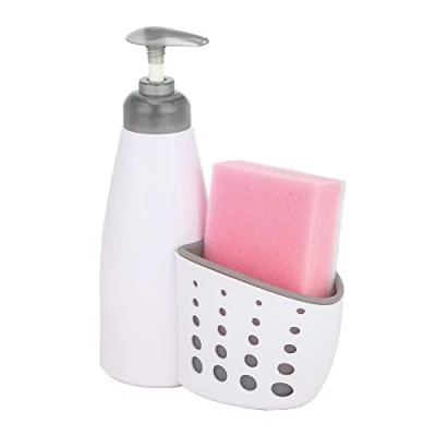 Image of Casa &amp; Marini Soap Dispenser Sponge Holder, Dishwashing Pump Bottle with Holder for Kitchen Bathroom, Sink Organiser Caddy (White/Grey)