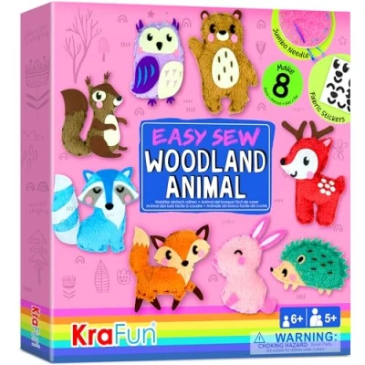 Image of KRAFUN Easy Sewing Kit for Beginner Kids Arts &amp; Crafts, 8 DIY Projects of Stuffed Animal Dolls Woodland Animals, Bear, Bunny, Fox, Owl, Instructions Felt, Gift Girls, Boys, Learn to Sew