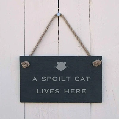 Image of &#039;A spoilt cat lives here&#039; Slate Hanging Sign