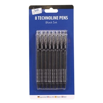 Image of Pack Of 8 Technoline Black Ink Pens Fine Line Stationery Office School Work Home