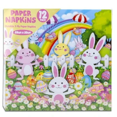 Image of 12 x Easter Paper Napkins 3Ply 33cm Cute Bunnies &amp; Eggs Design Kids Party Tableware