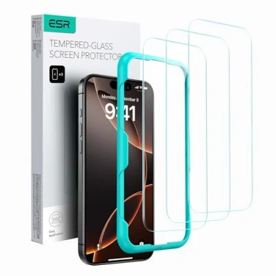 Image of ESR 3 Pack for iPhone 16 Pro Max Screen Protector, Tempered Glass Film with Easy Installation Tool, 9H Hardness, Military Grade Shatterproof, HD Clear, Scratch Resistant