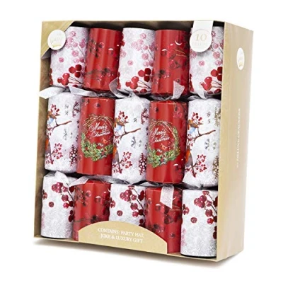 Image of 10 Christmas Crackers Deluxe Gifts Party Hat Joke x 14 (R &amp; White Holly Robin)
