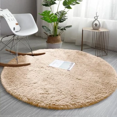 Image of AMEHA Round Rugs Living Room Beige Area for Bedroom 120x120 cm Anti Slip Modern Super Soft Thick Pile Fluffy Shaggy Rug Plush Carpet Non Shedding Easy to Clean