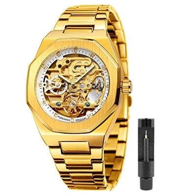 Image of Mechanical Mens Watches Fashion Automatic Male Clock Blue Stainless Steel Waterproof Business Skeleton Watch…, gold white, Quartz Watch,Mechanical,Self winding