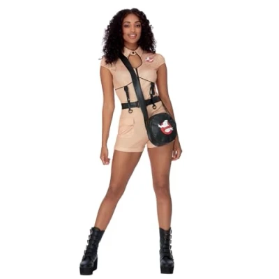 Image of Smiffys Ghostbusters Hotpant Costume for Adults, Playsuit and Bag with Printed Logo, Beige, Officially Licensed Buckle Detail, Perfect Halloween Stag or Hen Night Fancy Dress