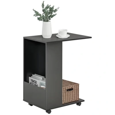 Image of HOMCOM Mobile Sofa Side Table C Shape End with Storage and Casters for Laptop Coffee Snack, Black