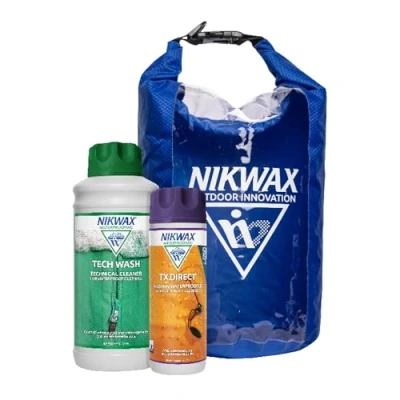 Image of Nikwax Outdoor Protection Kit cleaning and waterproofing for clothing includes: Tech Wash 1L TX.Direct 300ml FREE 10L Dry Bag