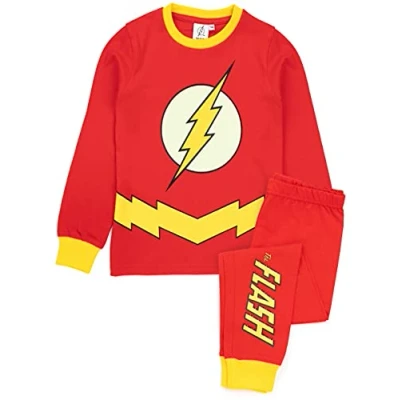 Image of DC Comics The Flash Pyjamas For Boys Kids Glow In Dark Superhero Costume T Shirt &amp; Legging Bottoms Pjs 9 10 Years Red