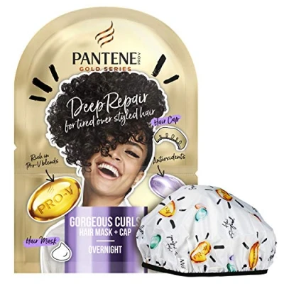 Image of Pantene Gold Series Hair Mask &amp; Reusable Shower Cap, Stocking Filler, Deep Repair Conditioner Treatment, Curly Products, 20ml, Gifts for Women