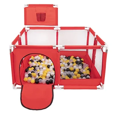 Image of Selonis Square Play Pen Filed with 200 Balls Basketball, Red:Black/Pearl/Yellow/Transparent