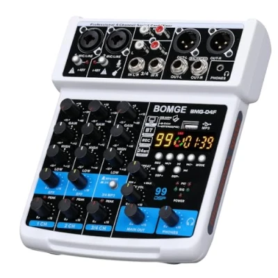 Image of BOMGE 04F 4 channel dj audio sound mixer with MP3/USB Bluetooth, stereo record/48V /24 DSP Echo effects for Live broadcast, karaoke, performance, church singing and music production (white 4f)
