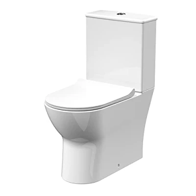 Image of Rimless Flush to Wall Close Coupled Toilet Pan, Cistern &amp; Soft Sandwich Seat 806mm x 375mm 612mm