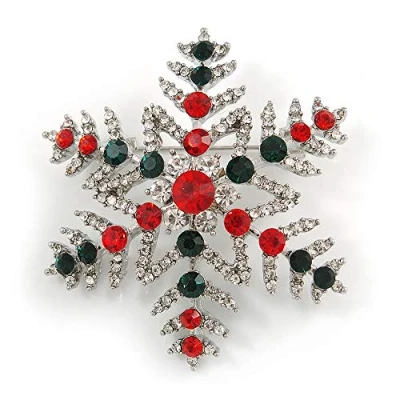 Image of Avalaya Christmas Crystal Snowflake Brooch in Silver Tone Metal (Red/Green/Clear) 50mm Across