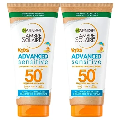 Image of 2 x Garnier Ambre Solaire Kids Advanced Sensitive SPF 50+ Resistance x3 Very High Protection for Children Bottles Each 50 ml