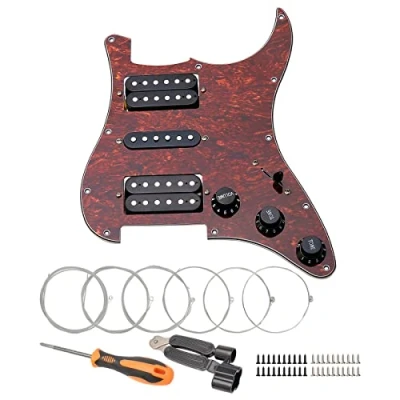 Image of Unxuey 11 Hole Loaded Prewired Pickguard Guard Plate with Black HSH Pickup Parts for Fender Strat Guitar, Guitar Strings and Installation Tool