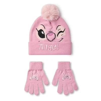 Image of Disney Lilo &amp; Stitch Girls Beanie Hat Gloves Set Pink Knitted Winter with Angel Character Face Kids One Size Pom Heat Transfer Print Classic Movie Merchandise Gift