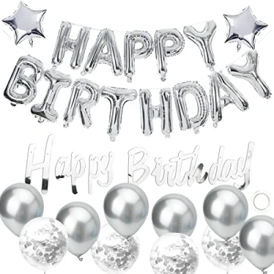 Image of Happy Birthday Balloons, Silver Balloons Banner Party Decoration, Foil Self Inflating with Latex Confetti for Birtyday Decorations.