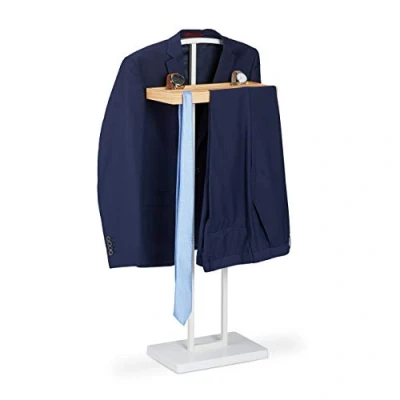 Image of Relaxdays Valet Stand, with Wooden Shelving, Freestanding, Crease Free Suits, MDF &amp; Metal, HWD 102 x 46 24 cm, White, Boards, Wood