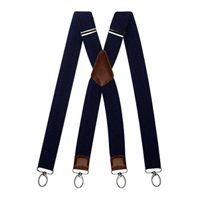 Image of Olata Heavy Duty X Shape Wide Braces/Suspenders with Brown Leather and Carabiner Clips 4cm. Navy Blue