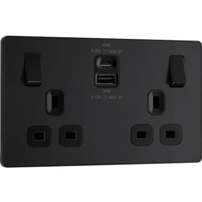 Image of BG Electrical Double Switched Power Wall Plug Socket with Super Fast Charge Type A and C USB Charging Ports, Evolve, Matt Black, 13A, 45W, PCDMB22UAC45B