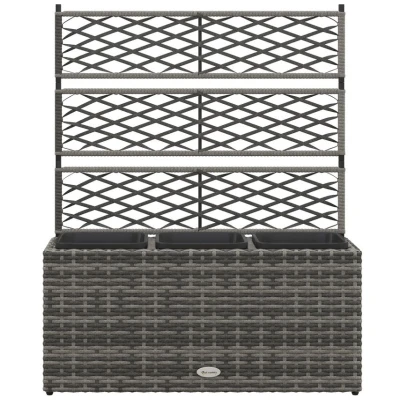 Image of Outsunny 33L Garden PE Rattan Planter with Trellis, Free Standing Flower Raised Bed for Garden, Climbing Plants, 84cm x 30cm 107cm, Light Grey