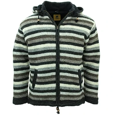 Image of LOUDelephant Hand Knitted Wool Hooded Jacket Cardigan Stripe Natural (4X Large)