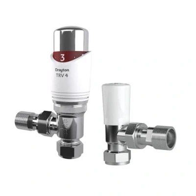 Image of Drayton Angled Thermostatic Radiator Valve 4 And Lockshield White 15mm 705180