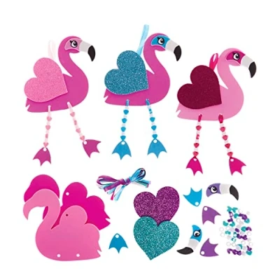 Image of Baker Ross FX457 Love Heart Flamingo Dangly Leg Kits Pack of 5, Valentine&#039;s Day Bead Craft Decoration Kit for Kids