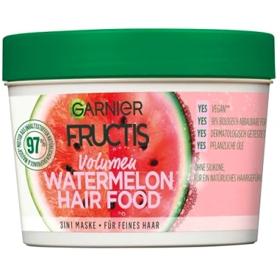 Image of Garnier Hair Mask, Watermelon Hairfood, Moisturising 3 in 1 Gently Detangles Fine and Gives Unrivalled Shine, Fructis, 390 ml