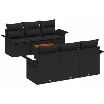 Image of vidaXL 7 Piece Garden Sofa Set with Cushions Black Poly Rattan Acacia