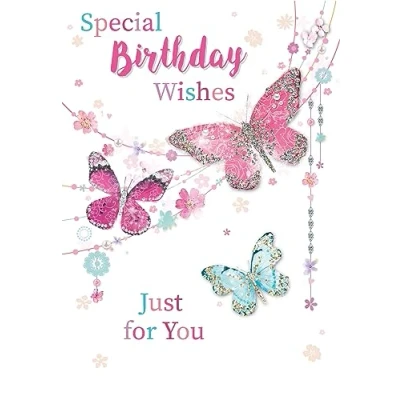 Image of Open Female Birthday Card Pink Blue Glitter Butterflies and Flowers 7.75x5.25&quot;