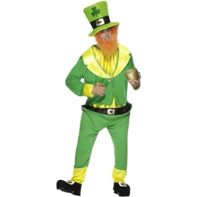 Image of Smiffys Leprechaun Costume, Green with Jumpsuit, Jacket, Hat and Ginger Beard, St Patricks&#039; Day Fancy Dress, Comedy Dress Up Costumes