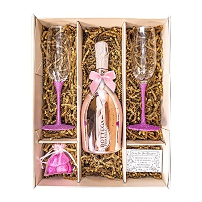 Image of Bottega Pink Gold Rosé Prosecco DOC 75cl Sparkling Wine Gift Set with Pair of Champagne Flutes, Chocolates and Box Birthday Gifts For Her (Rosé Stems)