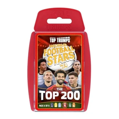 Image of Top Trumps World Football Stars 200 Card Game Pack 4, Play with Salah, Mahrez, Dias and Darwin Nunez, educational gift for ages 6 plus