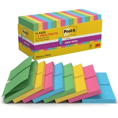 Image of Post it Super Sticky Z Notes,Value Pack, Pack of 14 + 2 Free Pads, 90 Sheets per Pad, 76 mm x mm, Green, Yellow, Pink, Blue Colors Extra Notes For Note Taking, To Do Lists &amp; Reminders