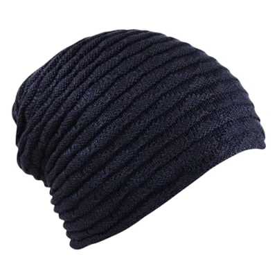 Image of Itzu Unisex Slouch Beanie Waffle Knit Winter Hat Warm Soft Thick Faux Fur Fleece Lining Mens Womens in Navy Blue (Ribbed)