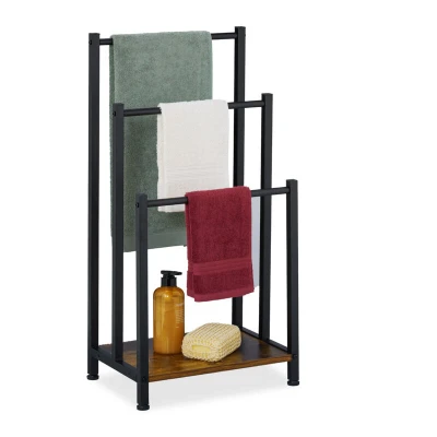 Image of Towel Rack with Shelf, 3 Bars, hwd: 80 x 40 28 cm, Freestanding Rails, Bathroom Airer Stand, Brown/Black Relaxdays