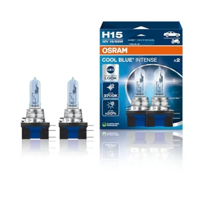 Image of OSRAM COOL BLUE® INTENSE H15, +20% more brightness, up to 3,700K, halogen headlight lamp, LED look, Hanging folding box (2 lamps)