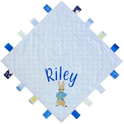 Image of TeddyT&#039;s Personalised Baby Rabbit Ribbon Taggy Blanket Comforter (Blue)
