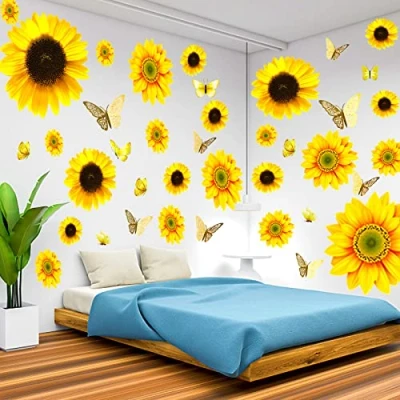 Image of Large Sunflower Wall Stickers 39 PCS Daisy Decals for 3D Butterfly Sticker Bathroom Nursery Decor Removable Yellow Flowers Decal Kitchen Bedroom Decoration