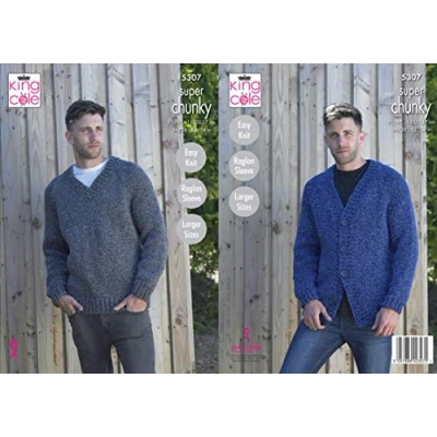Image of King Cole 5307 Knitting Pattern Mens V Neck Cardigan and Sweater in Big Value Super Chunky Stormy,Multicolor,36&quot; 54&quot; chest