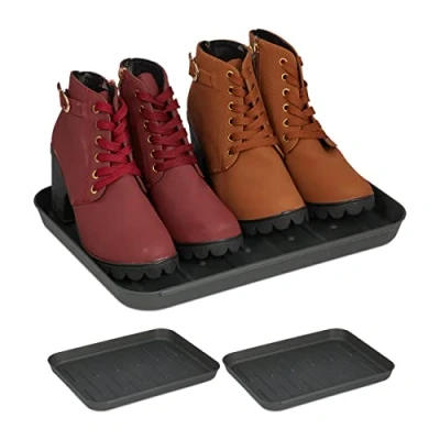 Image of Relaxdays Shoe Trays, Set of 3, Hallway Storage for Muddy or Wet Boots, Wellies &amp; Trainers, 35 x 27 cm, Plastic, Grey